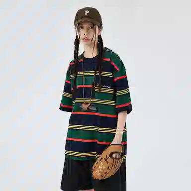 BENMYSHOWER Rainbow Stripe T-Shirt Navy