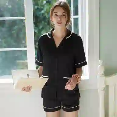 弗利少女 冰丝短袖夏季薄款仿真丝翻领家居服睡衣套装 女款 黑色