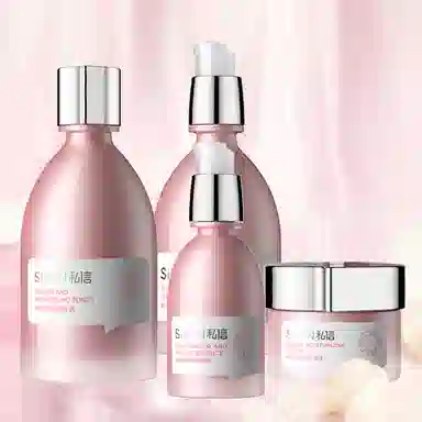 私信 晚樱焕亮粉晶柔肤水精华液保湿乳润凝霜保湿补水四件套装