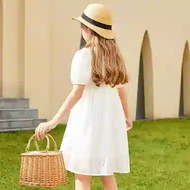 英氏 童装 泡泡袖暗纹绣花短袖连衣裙 女童 白色