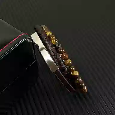 肯默钛钢嘻哈手链  朋克风手环 多层编织皮 简约磁吸开口 男款