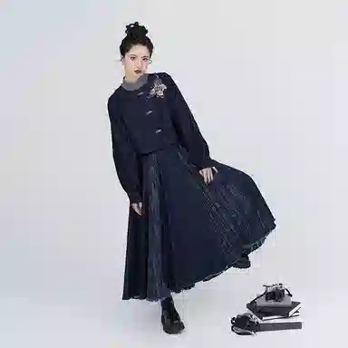 织造司 苍岚 牛仔汉元素圆领衫夹克外套改良毛边破裙原创唐制汉服 女款 深蓝色