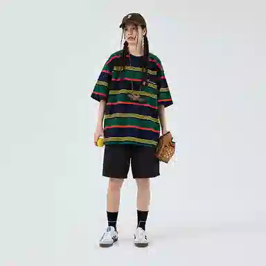 BENMYSHOWER Rainbow Stripe T-Shirt Navy