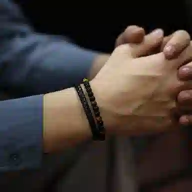 肯默钛钢双层手链 朋克风手环 编织皮 简约磁吸开口 男款  黑色