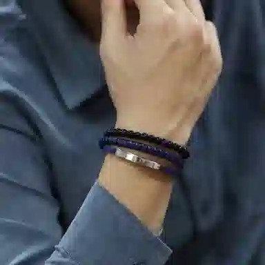 肯默钛钢嘻哈手链 朋克风手环 多层编织皮 简约磁吸开口 男款 蓝色