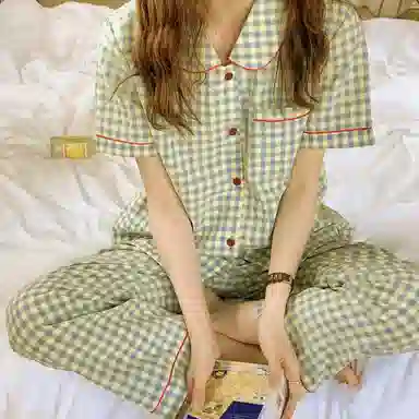橡柠派 日系格子娃娃领三件套睡衣女夏季薄款短袖开衫可外穿家居服 女款 清新绿 家居套装