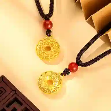 老庙 古法平安扣花丝八宝罗盘 足金 按克计价 黄金吊坠 女款 黑色