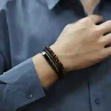 肯默钛钢嘻哈手链  朋克风手环 多层编织皮 简约磁吸开口 男款