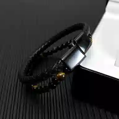 肯默钛钢双层手链 朋克风手环 编织皮 简约磁吸开口 男款  黑色