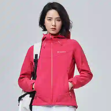 探路者 纯色软壳户外透气加绒开衫拉链连帽夹克外套 女款