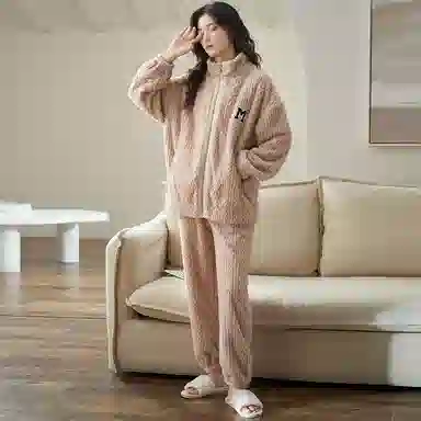 小情歌 珊瑚绒情侣睡衣 冬季 加绒加厚保暖御寒家居服 女款  粉色