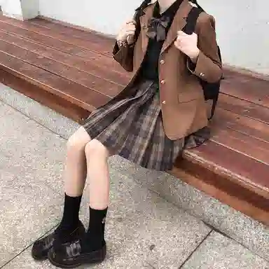 东鲸岁时记 纯色单排扣长袖外套格纹短款半身裙制服套装 女款