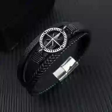 肯默八芒星圆盘钛钢手链 朋克风手环 编织皮手镯 简约磁吸开口 男款