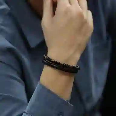 肯默钛钢双层手链 朋克风手环 编织皮 简约磁吸开口 男款  黑色