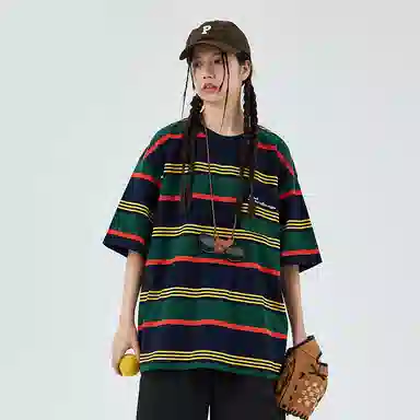 BENMYSHOWER Rainbow Stripe T-Shirt Navy