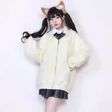 兔半眠 纯色拉链连帽卫衣制服上装 女款