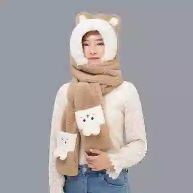 肯默 可爱兔子秋冬毛绒保暖拼色连帽三合一设计 绒线围巾 女款