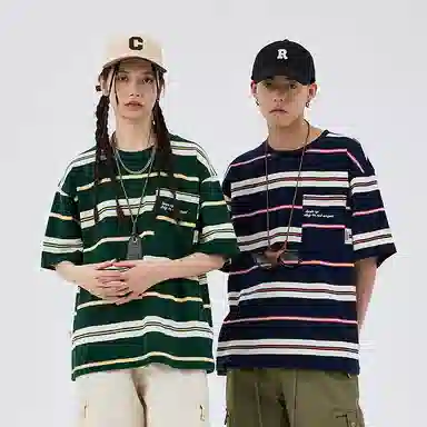 BENMYSHOWER Rainbow Stripe T-Shirt Navy