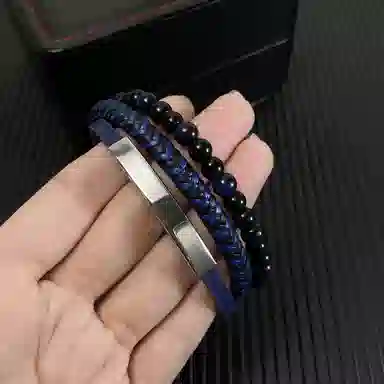 肯默钛钢嘻哈手链 朋克风手环 多层编织皮 简约磁吸开口 男款 蓝色