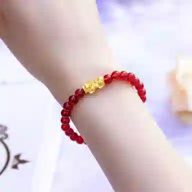 老庙 单貔貅转运珠红玛瑙串珠链 足金 一口价 黄金手串 女款