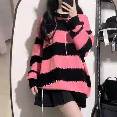 东鲸岁时记 条纹套头宽松撞色针织衫 女款 黑粉色