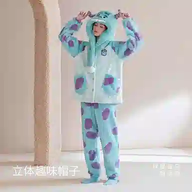 静韵 超柔软 大眼仔情侣睡衣女秋冬珊瑚绒加厚加绒套装男家居套装 男款