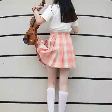 兔半眠 格纹百褶半身短款制服裙装 橙色