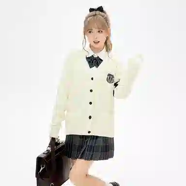 东鲸岁时记 撞色长袖针织开衫百褶格纹短裙制服套装 女款