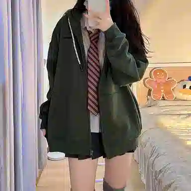 东鲸岁时记 纯色拉链宽松字母刺绣加绒开衫连帽卫衣 女款