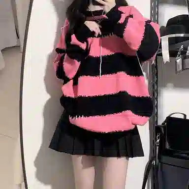 东鲸岁时记 条纹套头宽松撞色针织衫 女款 黑粉色