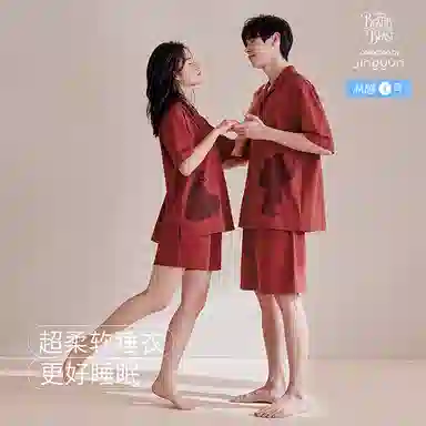 静韵 凉感型 迪士尼情侣红色睡衣男夏天纯棉短袖家居服新婚套装