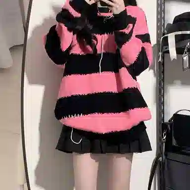 东鲸岁时记 条纹套头宽松撞色针织衫 女款 黑粉色