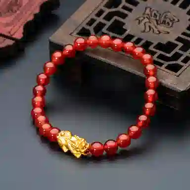 老庙 单貔貅转运珠红玛瑙串珠链 足金 一口价 黄金手串 女款