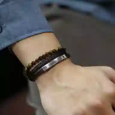 肯默钛钢嘻哈手链  朋克风手环 多层编织皮 简约磁吸开口 男款