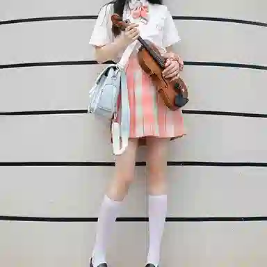 兔半眠 格纹百褶半身短款制服裙装 橙色