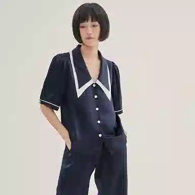 桑罗  真丝睡衣套装轻法式双层大尖领纯色青春活力学院风 家居套装 女款