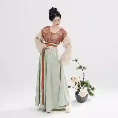 织造司 碧城 唐制拼色印花唐褙子圆领衫八破裙三套装原创汉服 女款