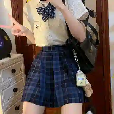 东鲸岁时记 日系复古制服格纹短款百搭学生百褶鲸落半身裙