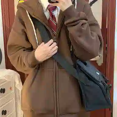 东鲸岁时记 纯色拉链宽松字母刺绣加绒开衫连帽卫衣 女款