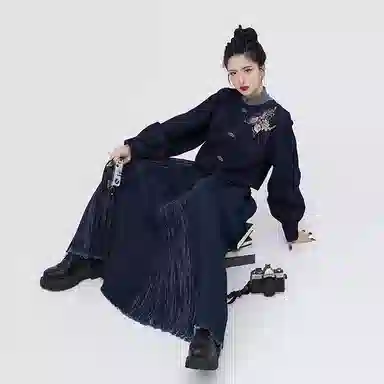 织造司 苍岚 牛仔汉元素圆领衫夹克外套改良毛边破裙原创唐制汉服 女款 深蓝色