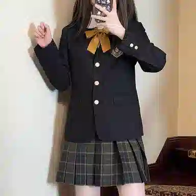 东鲸岁时记 纯色翻领西装外套格子短款百褶裙制服套装 女款