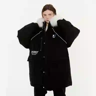 ER Letter Print Fleece Lined Mid-Length Hoodie Down Jacket