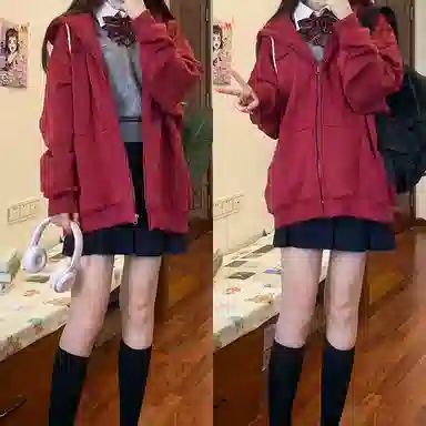 东鲸岁时记 纯色拉链宽松字母刺绣加绒开衫连帽卫衣 女款