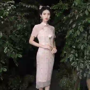 槿爷东方 燕脂 中式花卉刺绣网纱短袖旗袍 女款 烟粉色