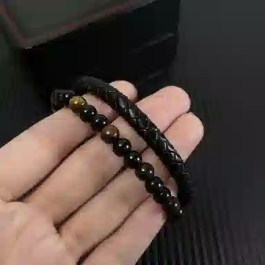 肯默钛钢双层手链 朋克风手环 编织皮 简约磁吸开口 男款  黑色