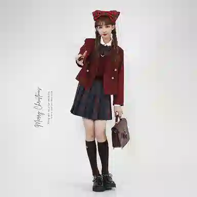 东鲸岁时记 经典学院风格纹百褶短款半身裙 圣诞红格