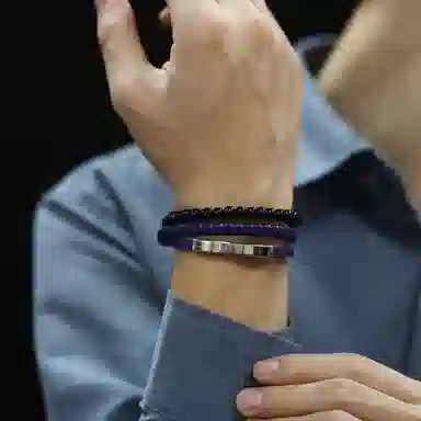 肯默钛钢嘻哈手链 朋克风手环 多层编织皮 简约磁吸开口 男款 蓝色