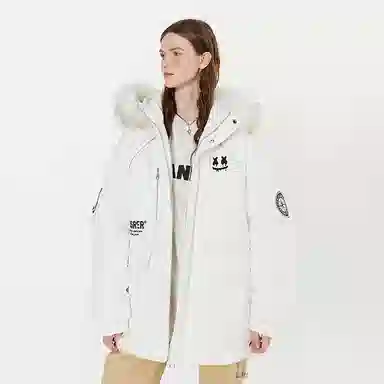 ER Letter Print Fleece Lined Mid-Length Hoodie Down Jacket