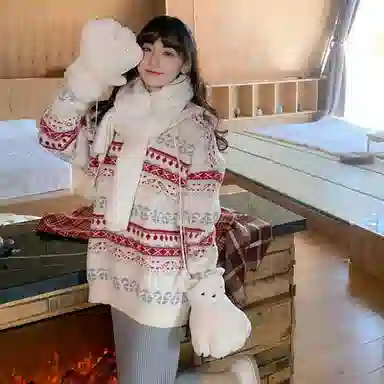 小镇姗姗 条纹连帽套头长袖针织衫 女款