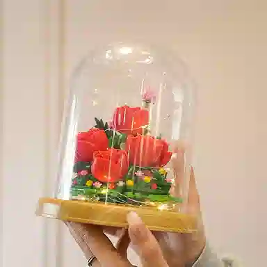 哲高积木 经典系列 玫瑰永生花带防尘罩+灯光 发光 积木 礼物